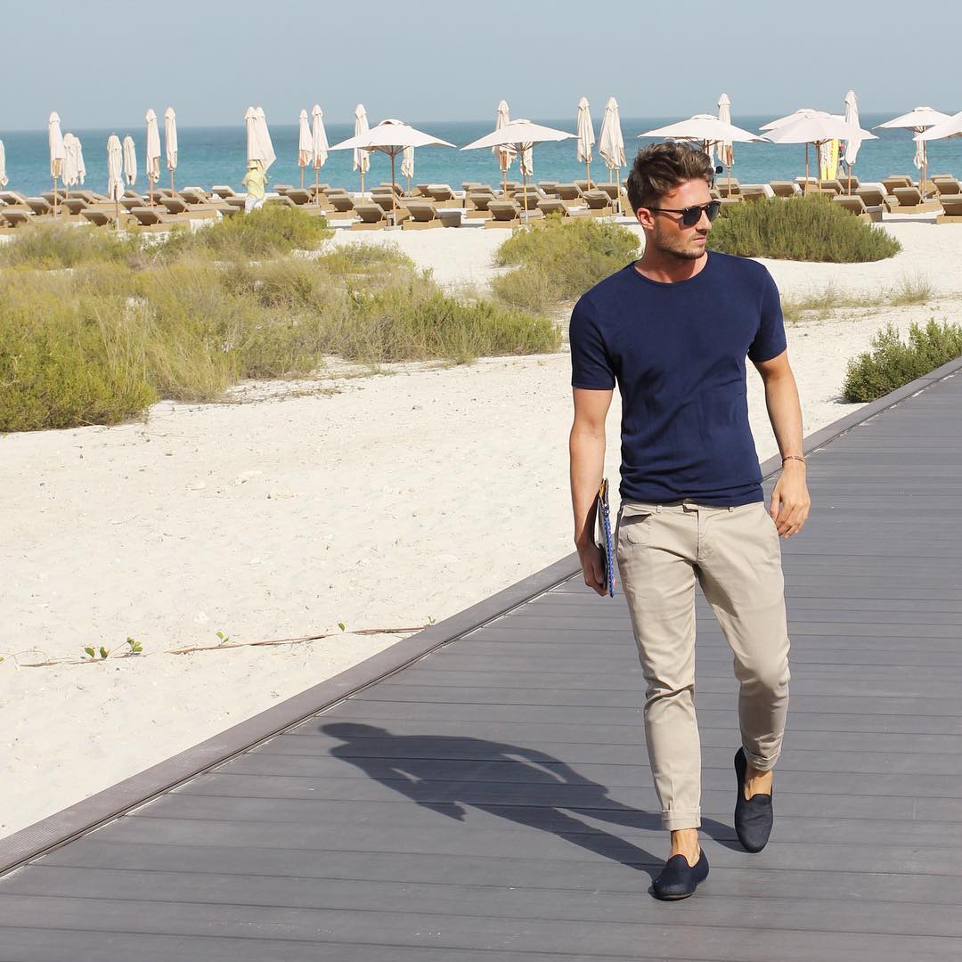 beige chinos and navy blue t-shirt outfit for men